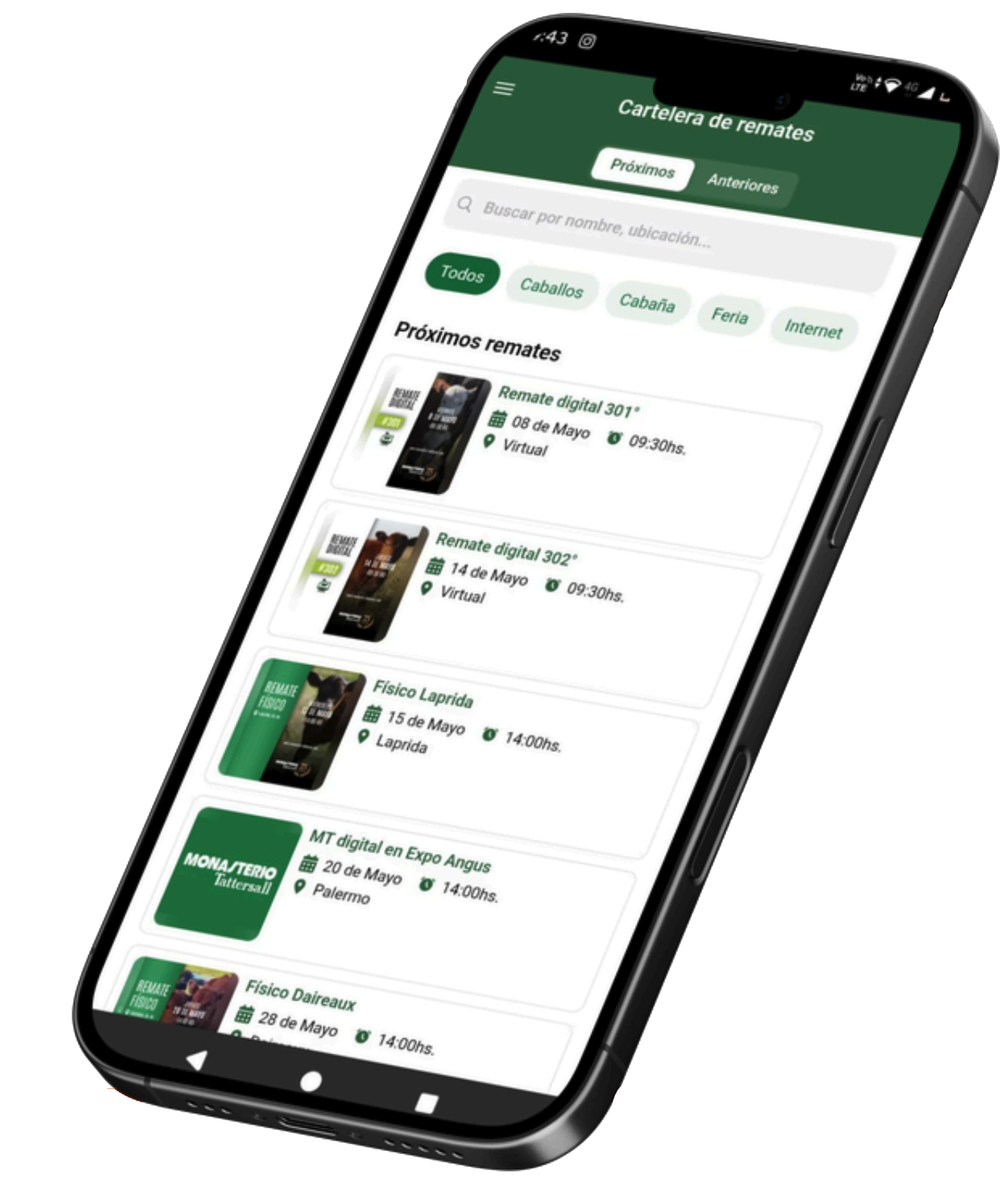 Cartelera de remates en la app
